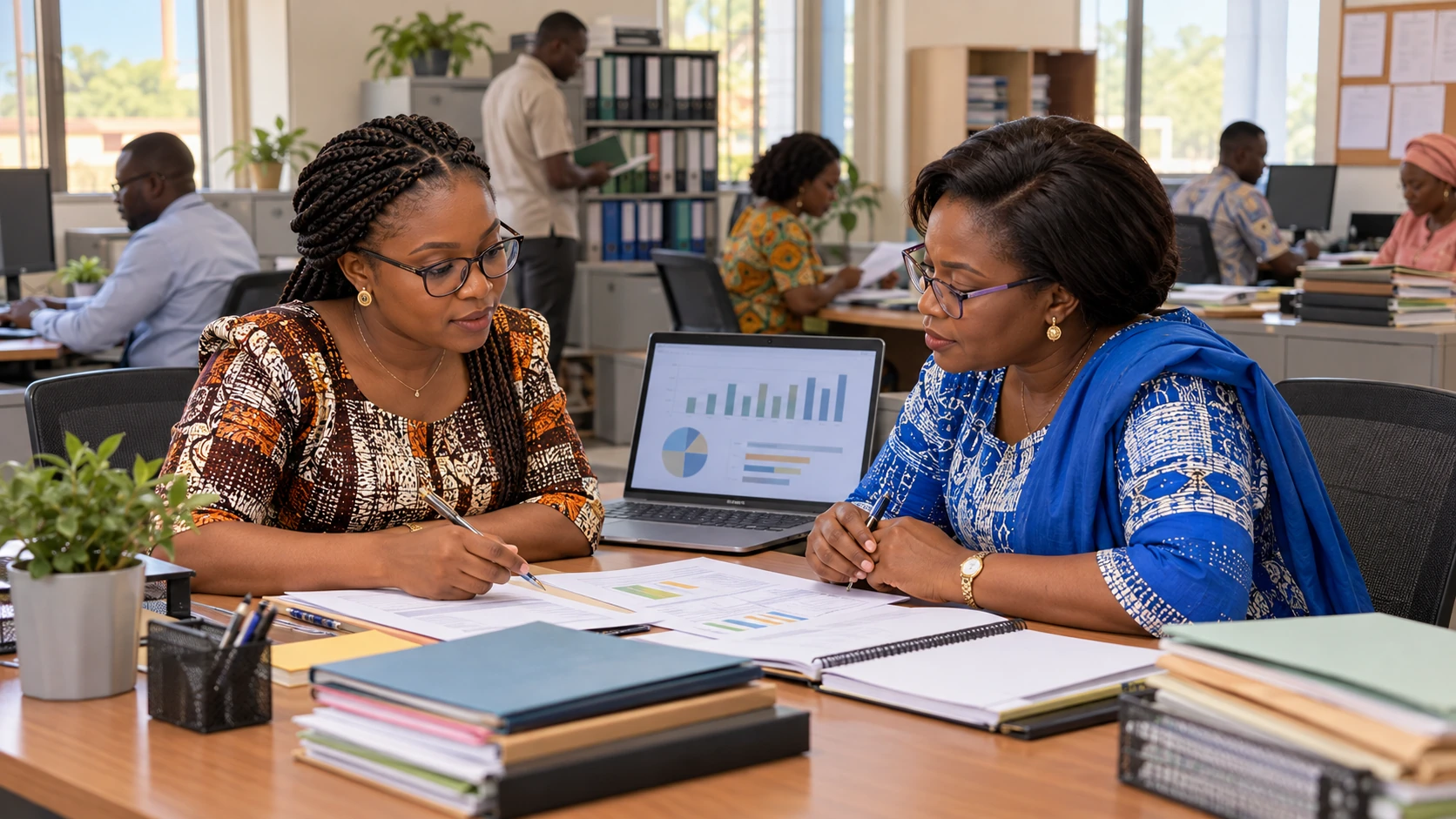 Illustration de synthèse : fonctionnaires et responsables burkinabè examinant des dossiers d’évaluation dans un bureau.