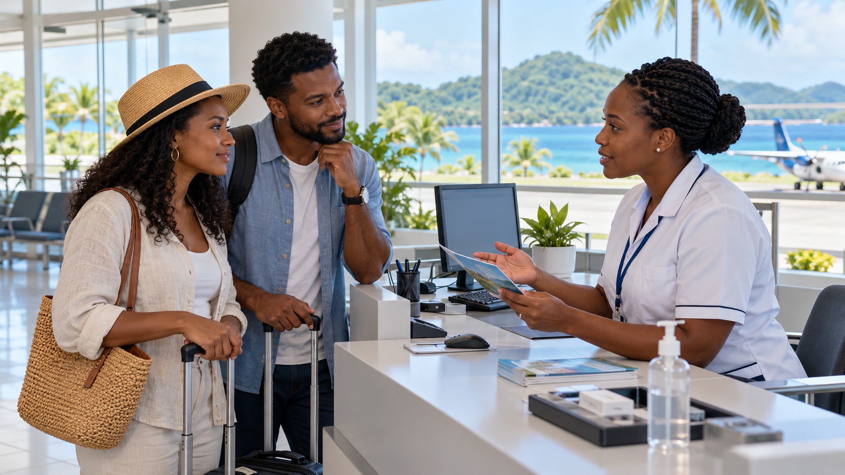 Illustration de synthèse : une professionnelle de santé afrocaribéenne explique une procédure à deux voyageurs fictifs dans un terminal aéroportuaire tropical.