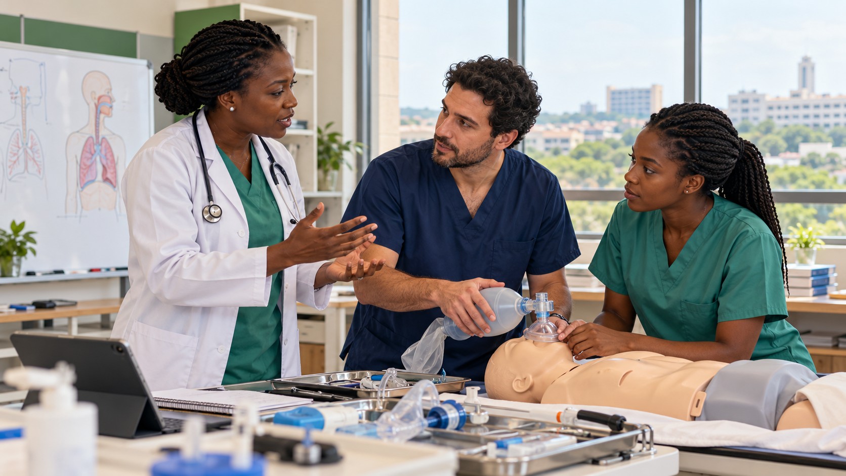 Illustration de synthèse : échange fictif de formation médicale entre une médecin ghanéenne, un médecin cubain et une collègue ghanéenne autour d’un mannequin de simulation.
