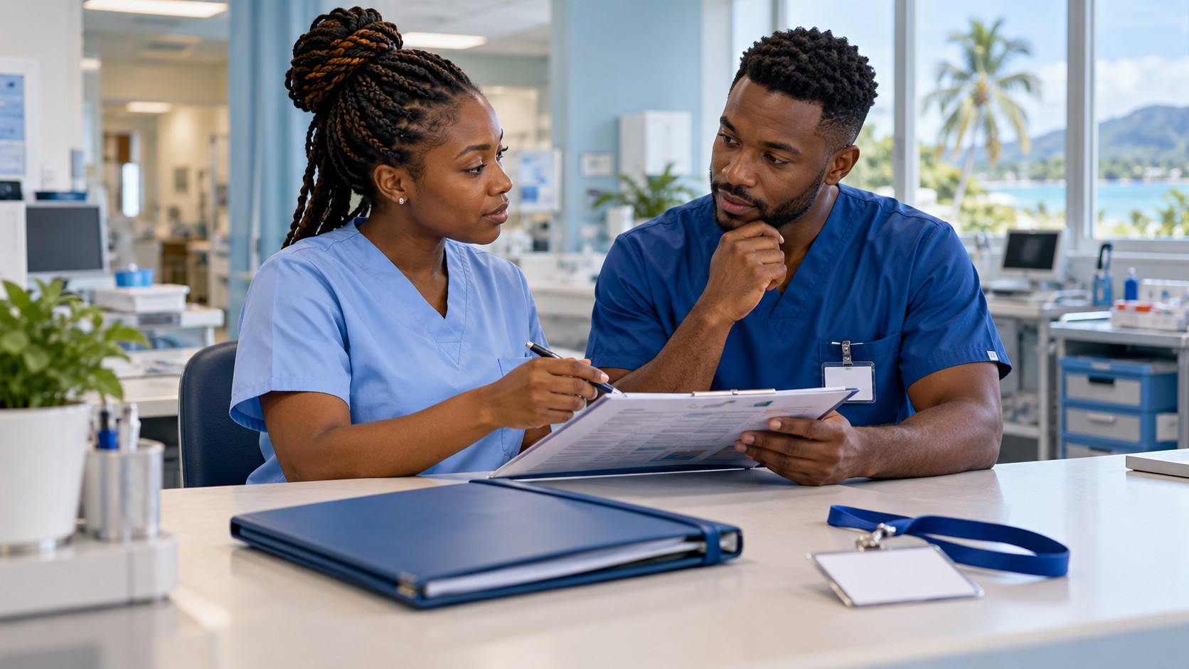 Illustration de synthèse : une infirmière ghanéenne et un infirmier afrocaribéen fictifs échangent dans un hôpital, avec un dossier fermé et des badges vierges.