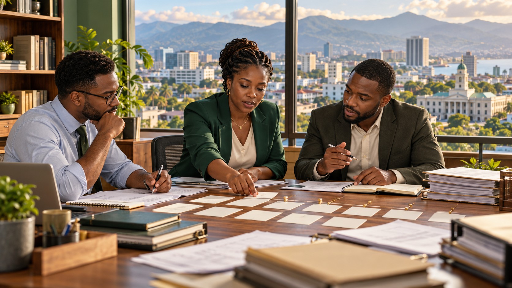 Illustration de synthèse : une économiste afro-jamaïcaine fictive et ses collègues examinent des dossiers budgétaires et des cartes vierges dans un bureau à Kingston.