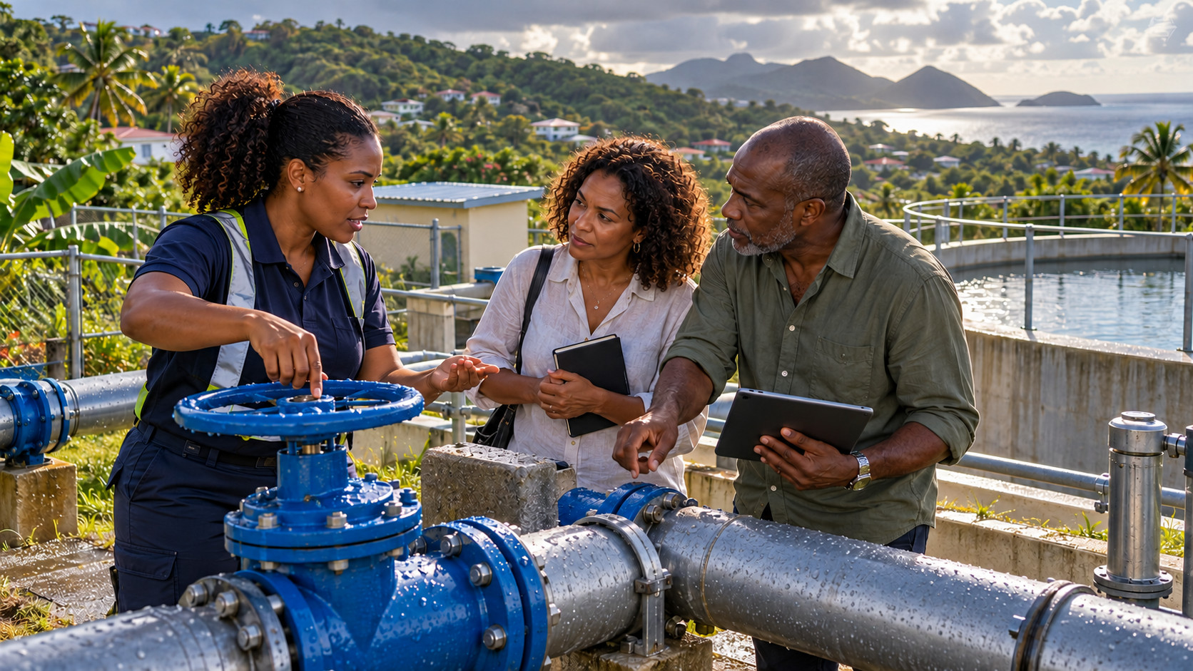 Illustration de synthèse : une technicienne et deux représentants d’usagers fictifs échangent près de conduites et d’un réservoir en Guadeloupe.