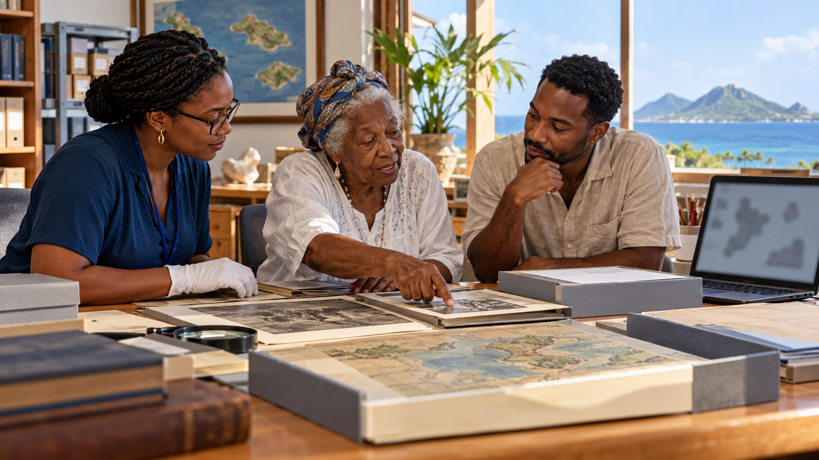 Illustration de synthèse : une archiviste, un chercheur et une habitante âgée fictifs étudient ensemble des documents familiaux dans un centre d’archives caribéen.