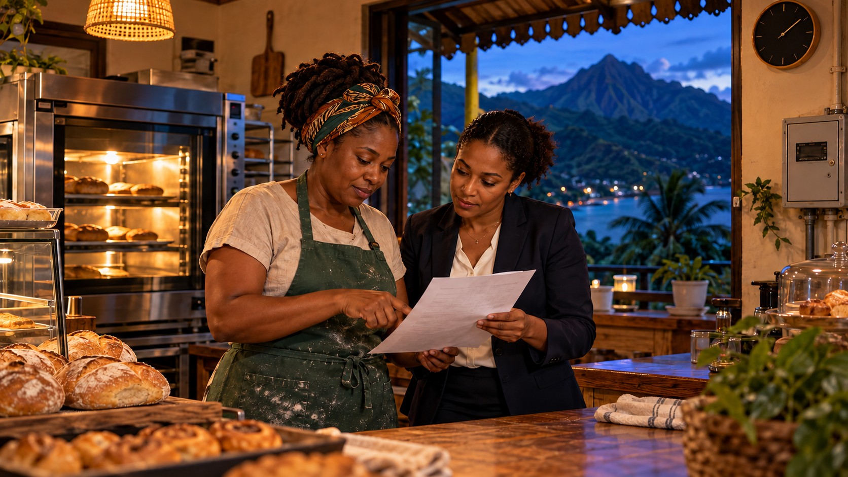 Illustration de synthèse : une entrepreneuse et une conseillère fictives examinent une facture dans une boulangerie de la Dominique.