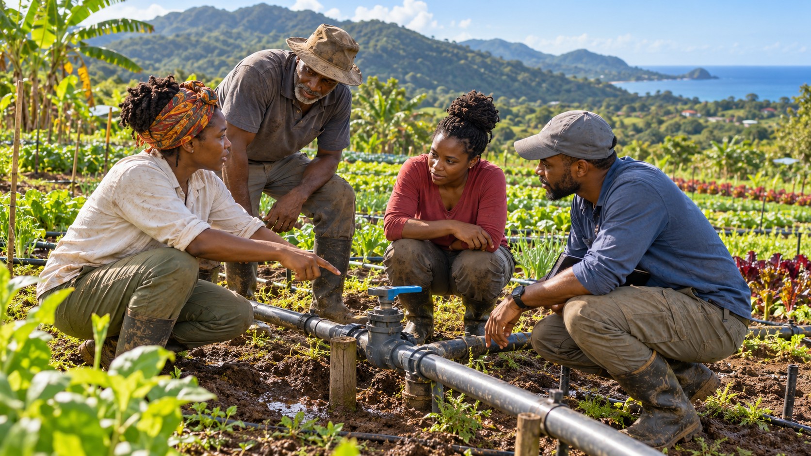 Illustration de synthèse : quatre partenaires agricoles fictifs examinent une vanne et une conduite d’irrigation dans une exploitation maraîchère martiniquaise conceptuelle.