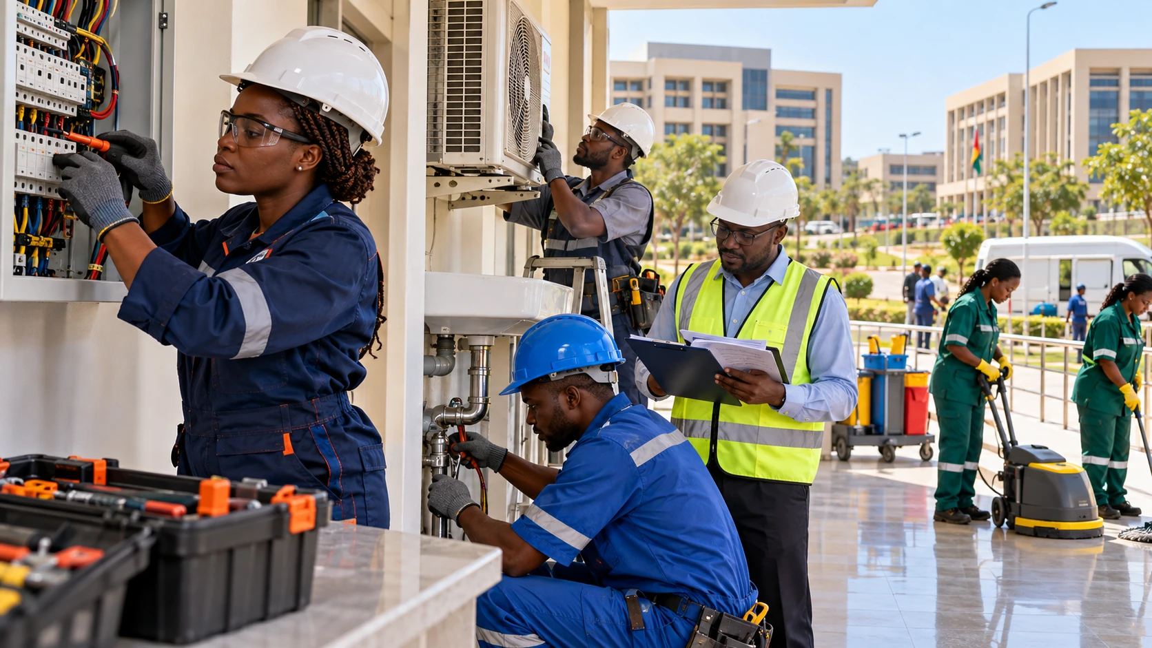 Illustration de synthèse : équipe burkinabè réalisant la maintenance d’un bâtiment public avec outils et plans.