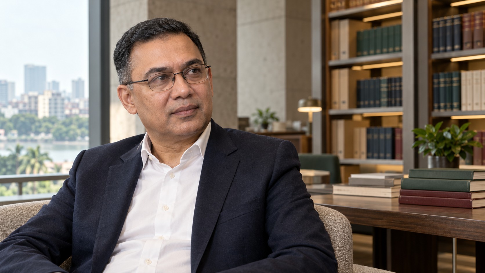 Portrait éditorial de Tarique Rahman dans une bibliothèque institutionnelle fictive à Dhaka.