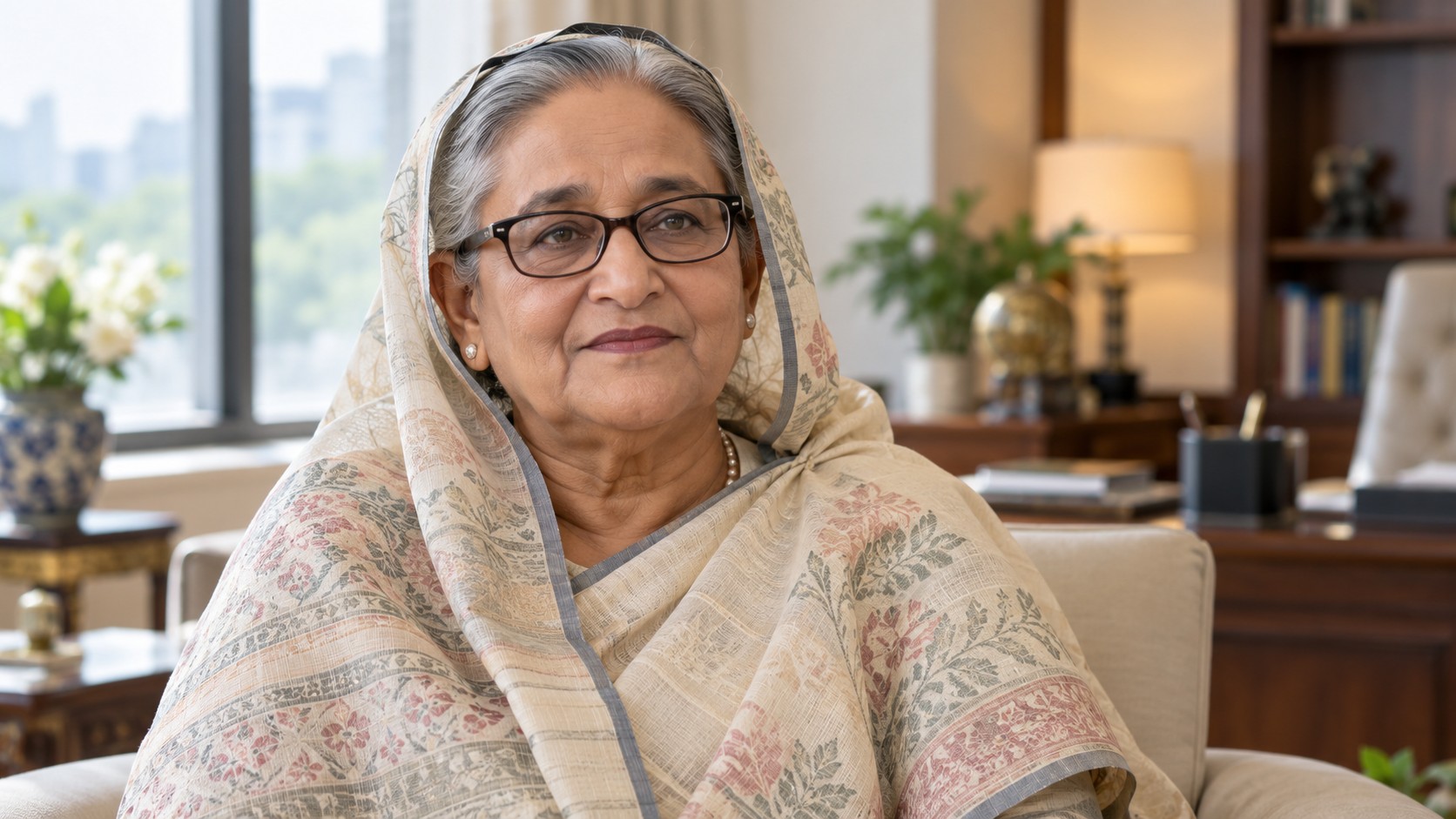 Portrait éditorial de Sheikh Hasina dans un intérieur civil fictif.