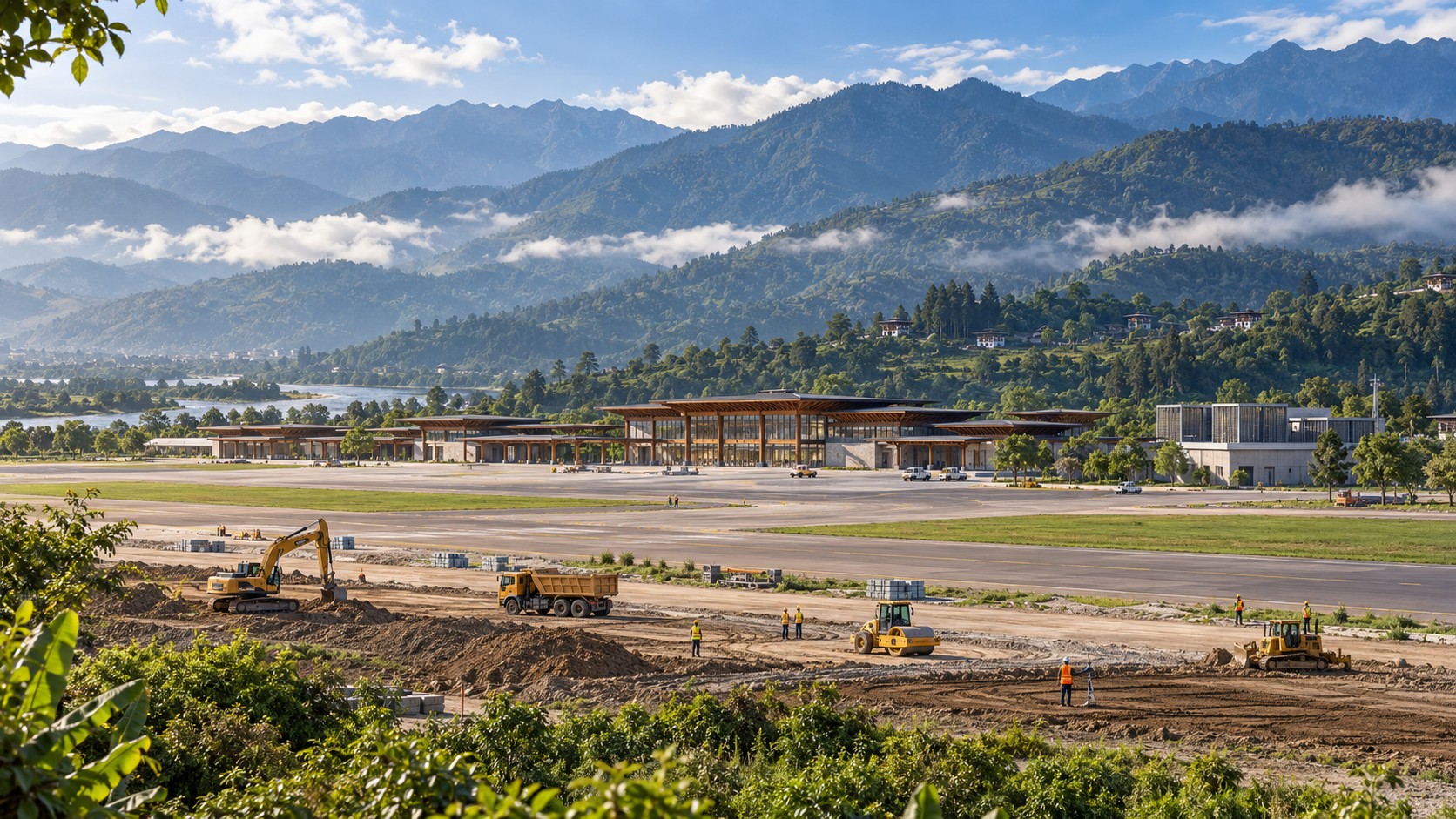 Vue conceptuelle d’un chantier aéroportuaire dans une plaine verdoyante du sud du Bhoutan.