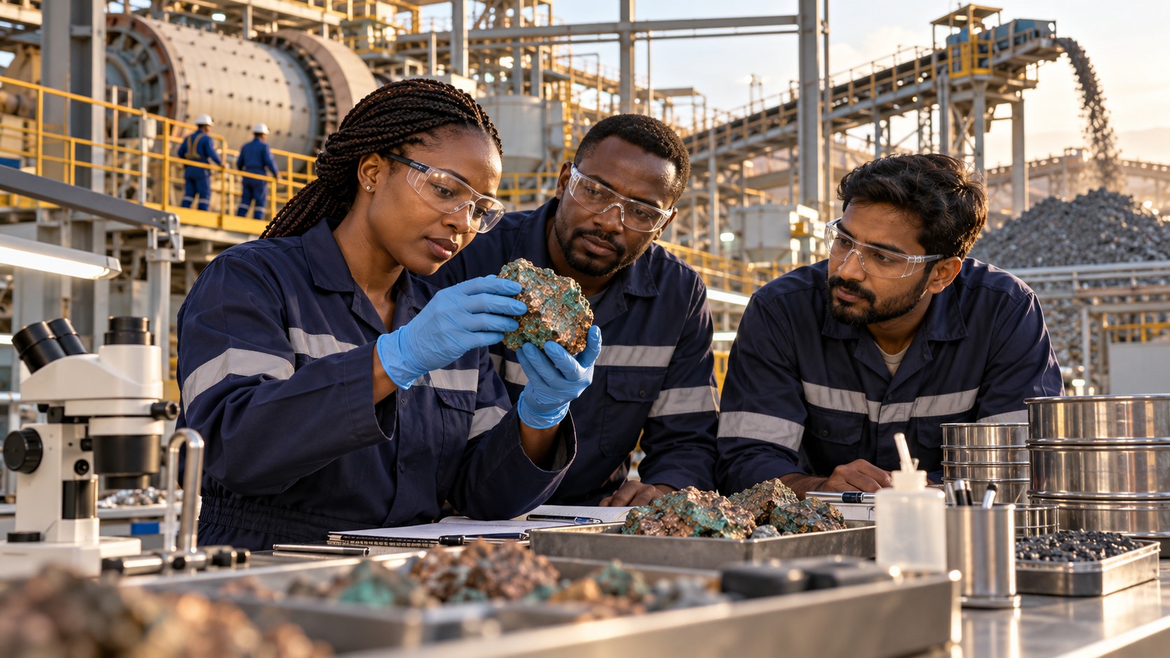 Une ingénieure africaine examine une roche avec des collègues africain et indien dans un laboratoire minéral fictif.