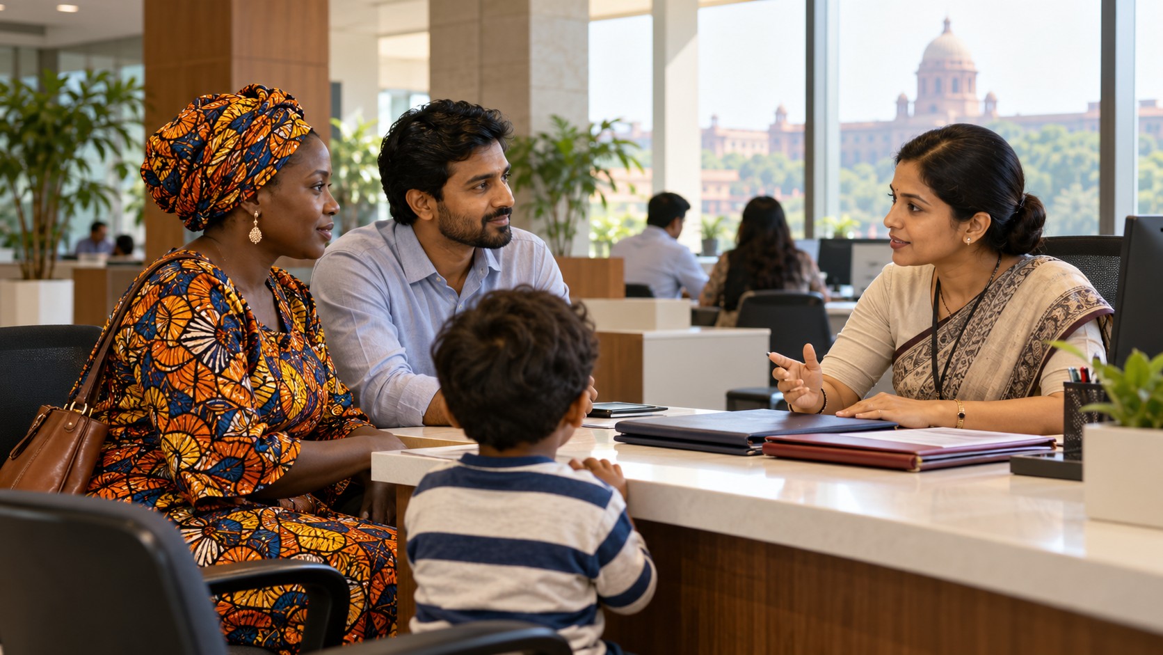 Une famille africaine et indienne échange avec une agente dans un espace administratif fictif inspiré de New Delhi.