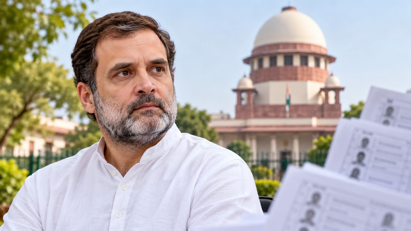 Portrait éditorial de Rahul Gandhi devant la silhouette de la Cour suprême de l’Inde.