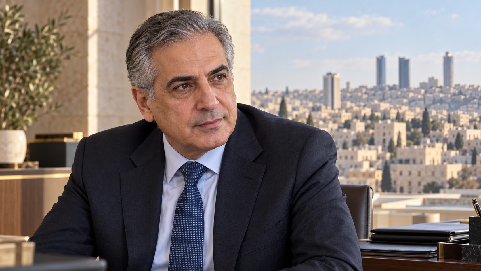 Portrait de synthèse de Jafar Hassan en costume sombre, avec un décor de bureau et une vue conceptuelle sur Amman.