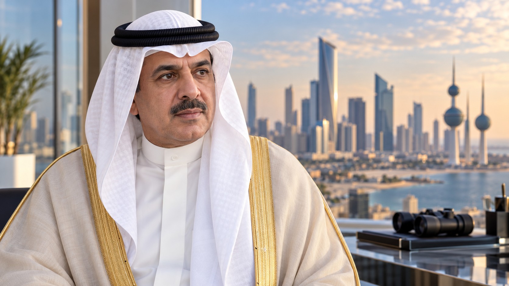 Portrait de synthèse de Fahad Youssef Saoud Al-Sabah en tenue traditionnelle, dans un décor conceptuel koweïtien avec un appareil optique générique.