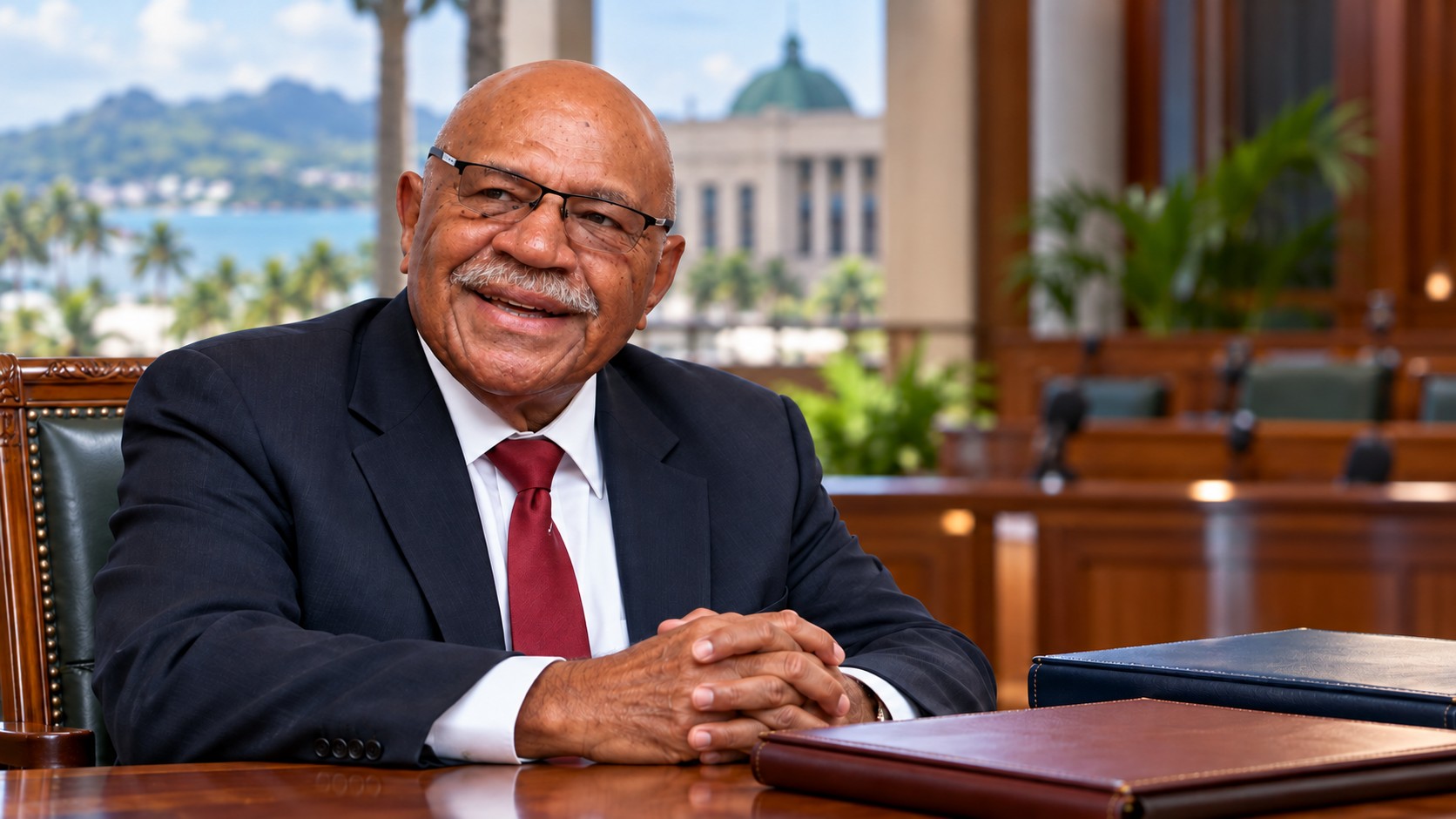 Portrait éditorial de synthèse de Sitiveni Rabuka en costume, devant un décor institutionnel fictif évoquant Suva, avec deux dossiers fermés.