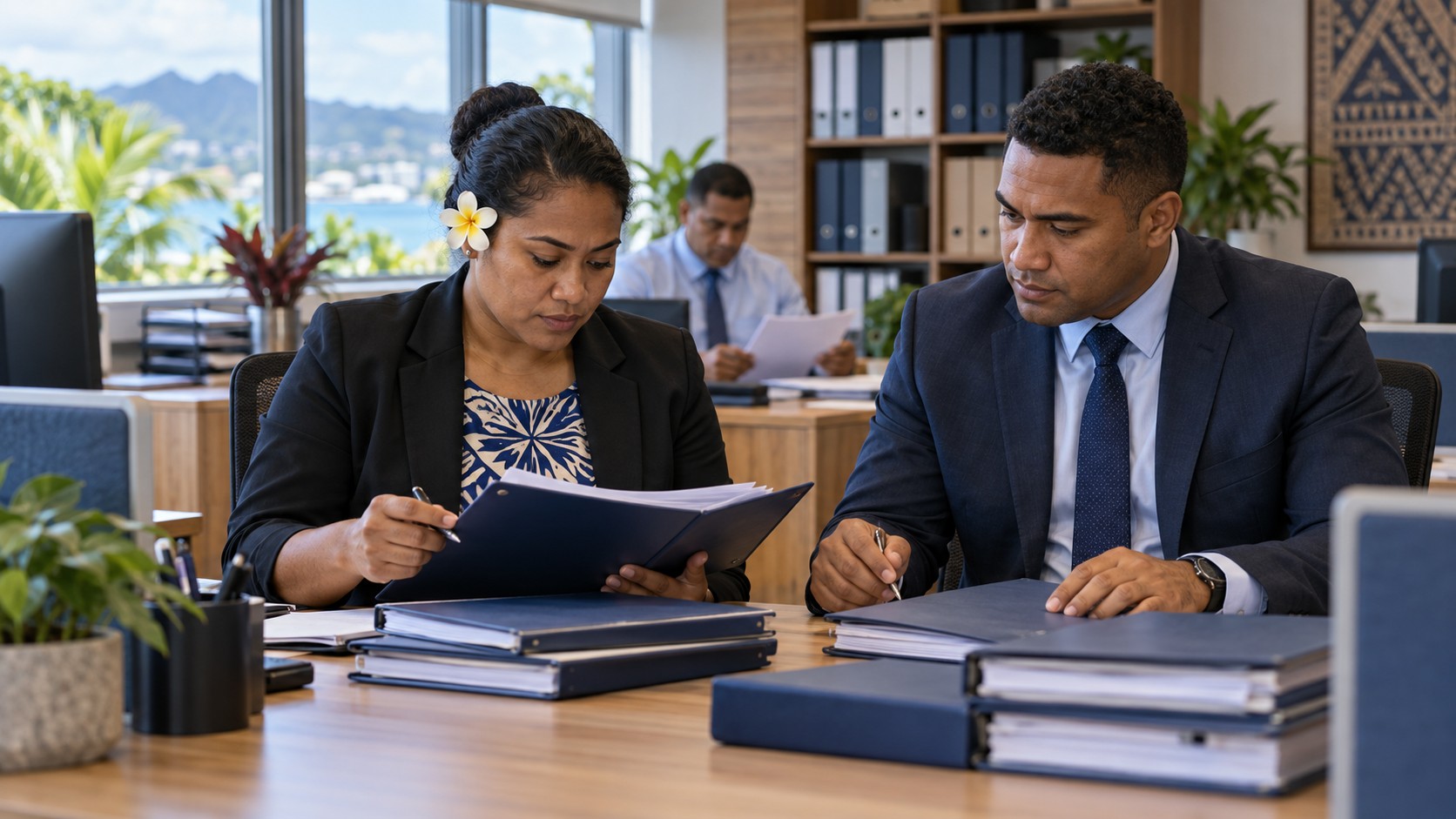 Illustration fictive : une enquêtrice et un juriste fidjiens travaillent côte à côte sur des dossiers, tandis qu’un troisième professionnel consulte une feuille en arrière-plan.