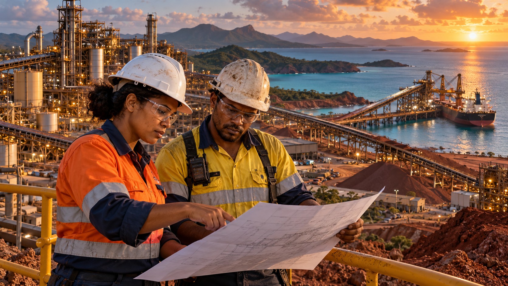 Scène fictive générée : une ingénieure kanak et un technicien examinent un plan sur un site de transformation du nickel inspiré du littoral calédonien.