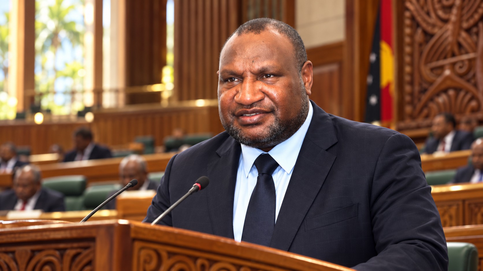 Portrait éditorial synthétique de James Marape dans un cadre parlementaire fictif inspiré de Port Moresby, sans représentation d’un scrutin réel.