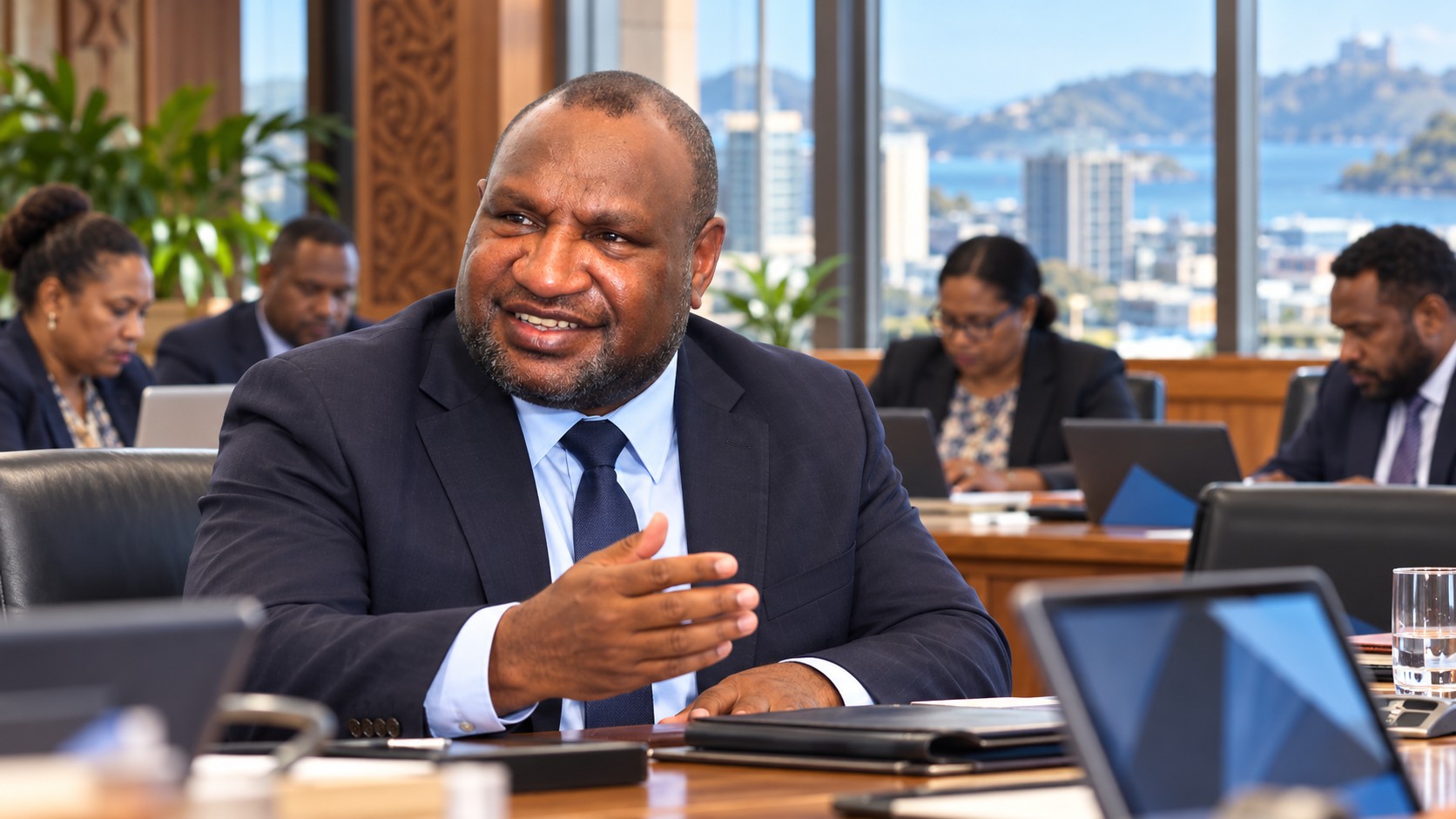Illustration synthétique de James Marape devant des cadres administratifs fictifs au travail à Port Moresby ; scène composée sans réunion réelle représentée.