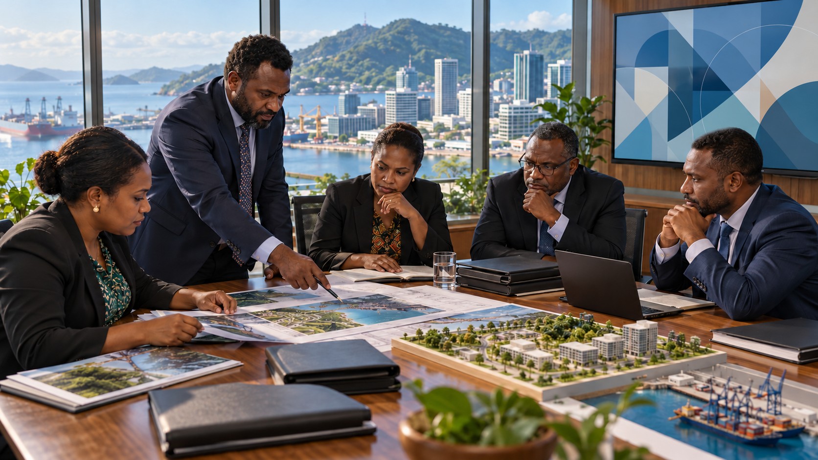 Scène fictive générée : un comité d’investissement papouan-néo-guinéen étudie des projets dans un bureau donnant sur le port de Port Moresby.