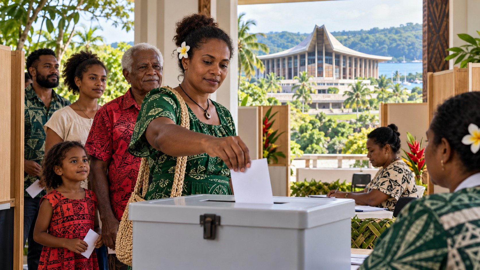 Une citoyenne adulte ni-vanuatu vote dans un bureau fictif, avec des citoyens de plusieurs générations et une architecture évoquant Port-Vila.