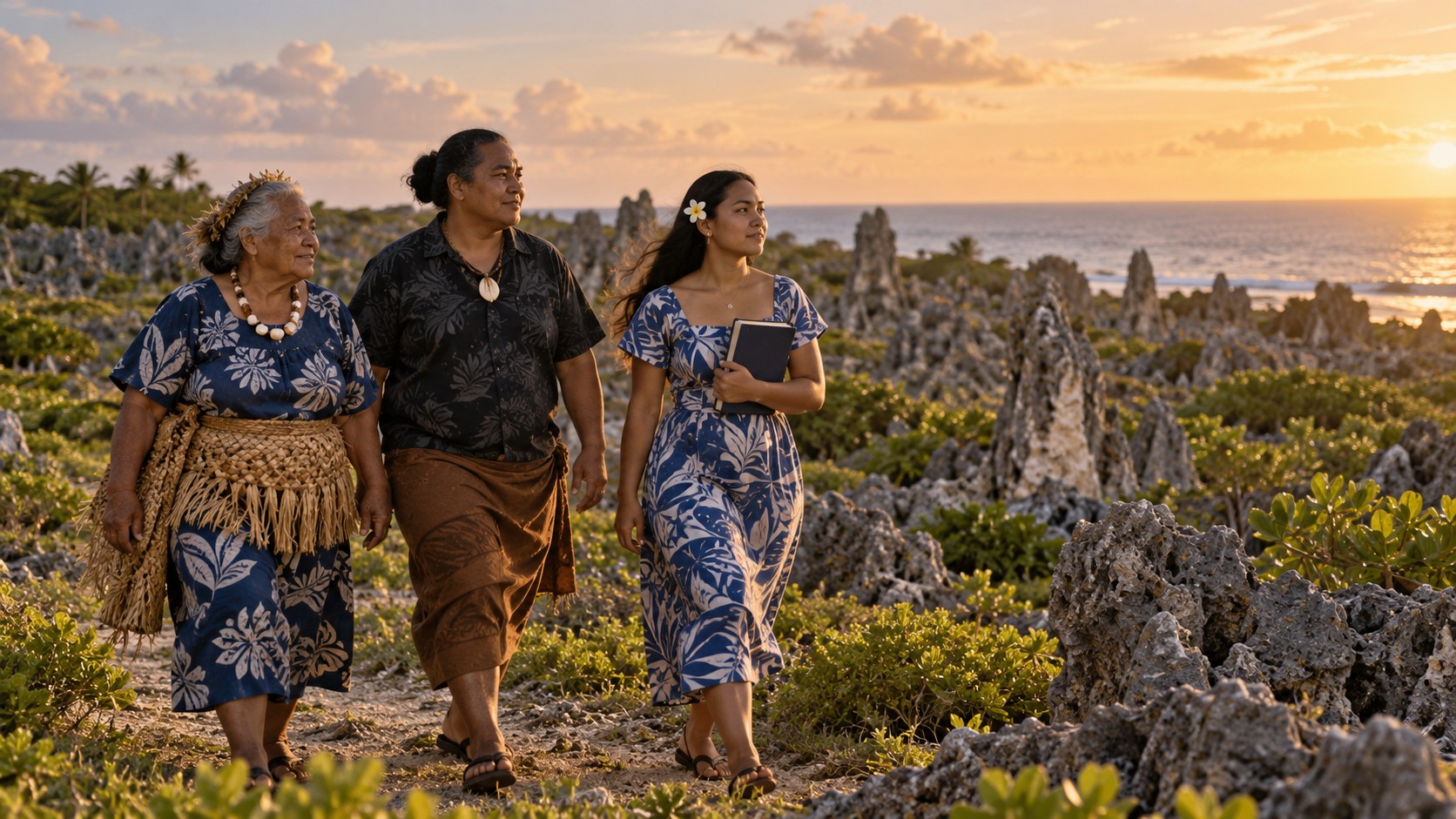 Illustration fictive : trois générations de Nauruans marchent sur un sentier parmi d’anciens pinacles calcaires, une jeune adulte tenant un carnet fermé.