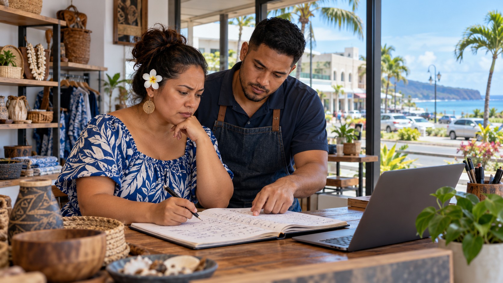 Illustration de synthèse : une entrepreneuse chamorro et un salarié fictifs examinent un cahier de comptes dans un commerce évoquant Guam.