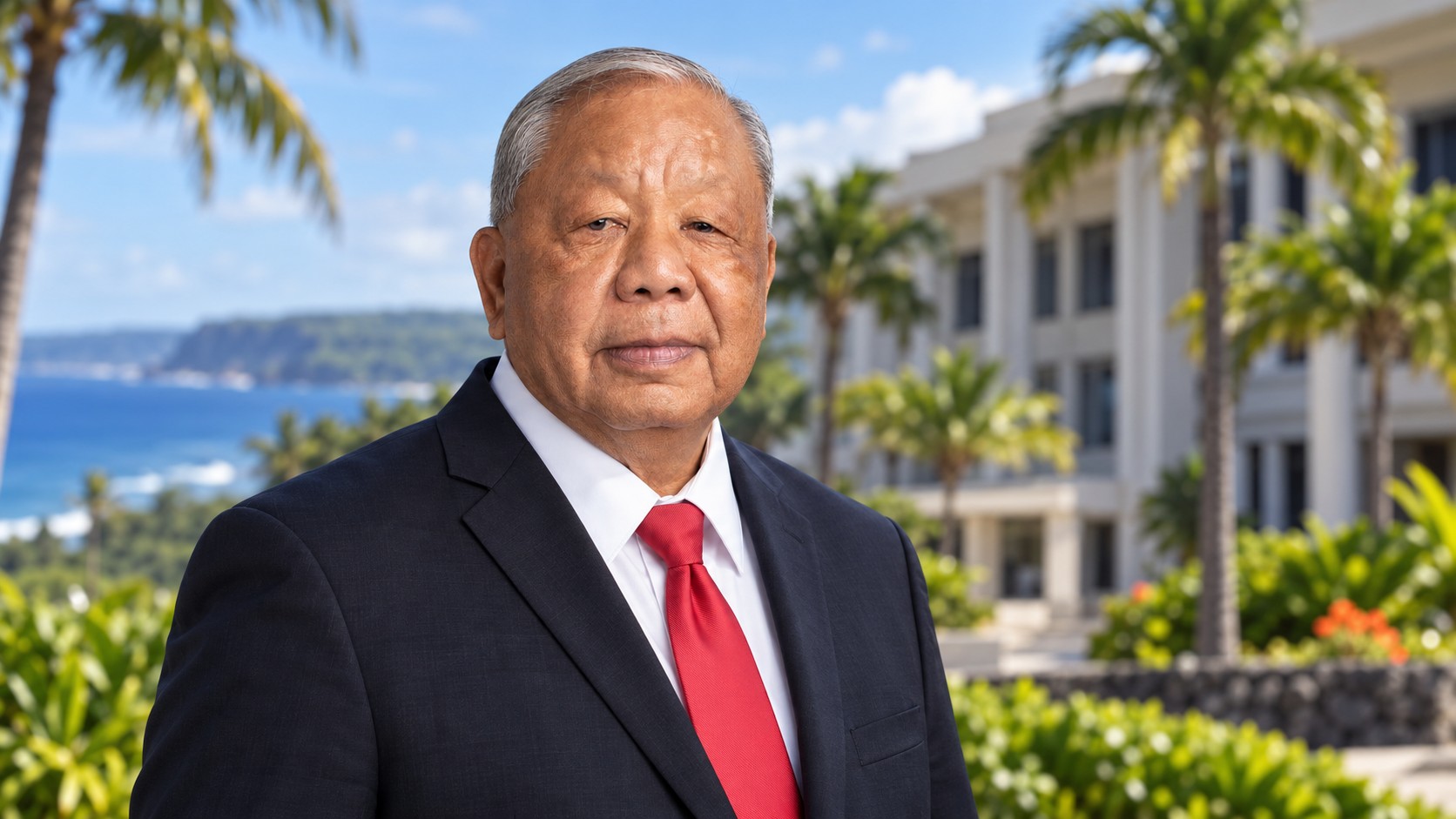 Portrait éditorial de synthèse de David M. Apatang devant un décor administratif et tropical fictif évoquant Saipan.