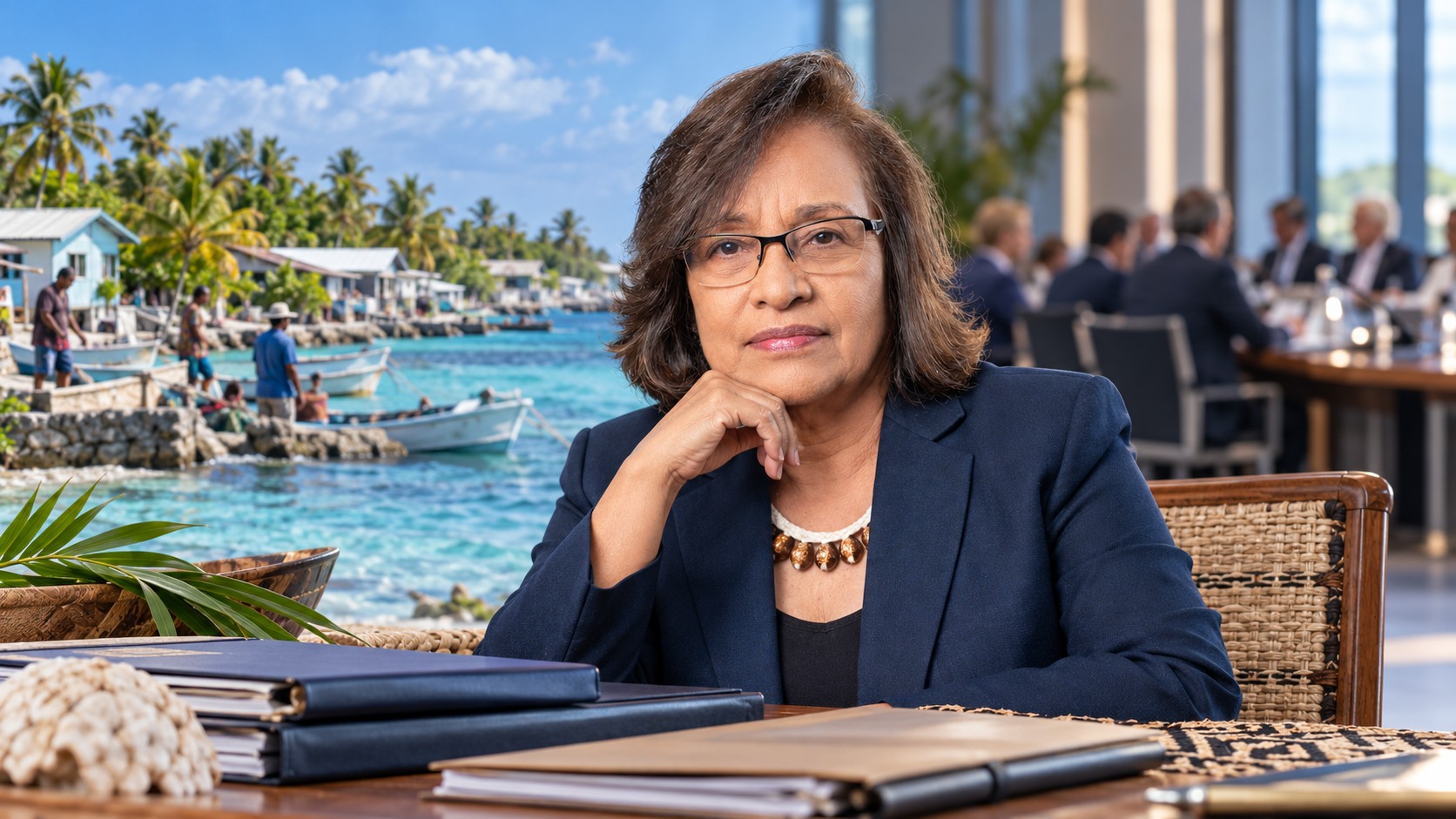Portrait éditorial de synthèse de Hilda Heine devant un montage fictif associant un littoral marshallais habité et une salle de négociation floue.
