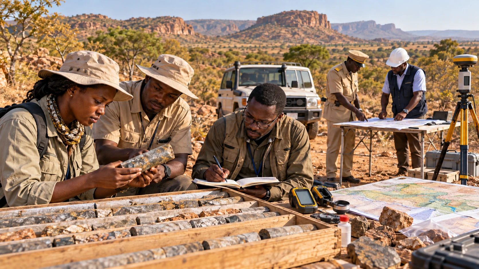Illustration de synthèse : équipe de prospection aurifère au Mali examinant des roches et des relevés de terrain.