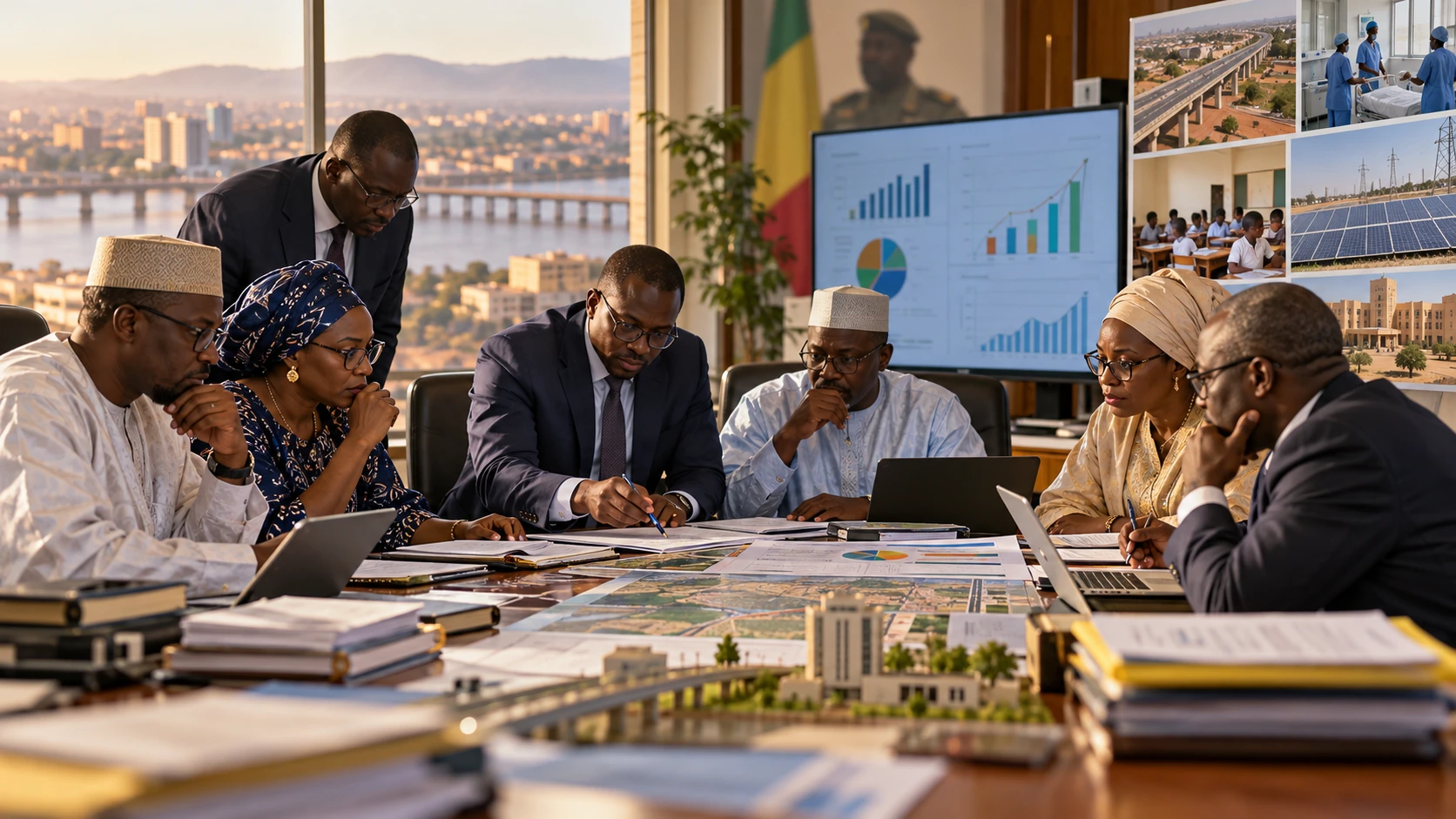 Illustration de synthèse : agents maliens étudiant des documents budgétaires et des tableaux financiers.