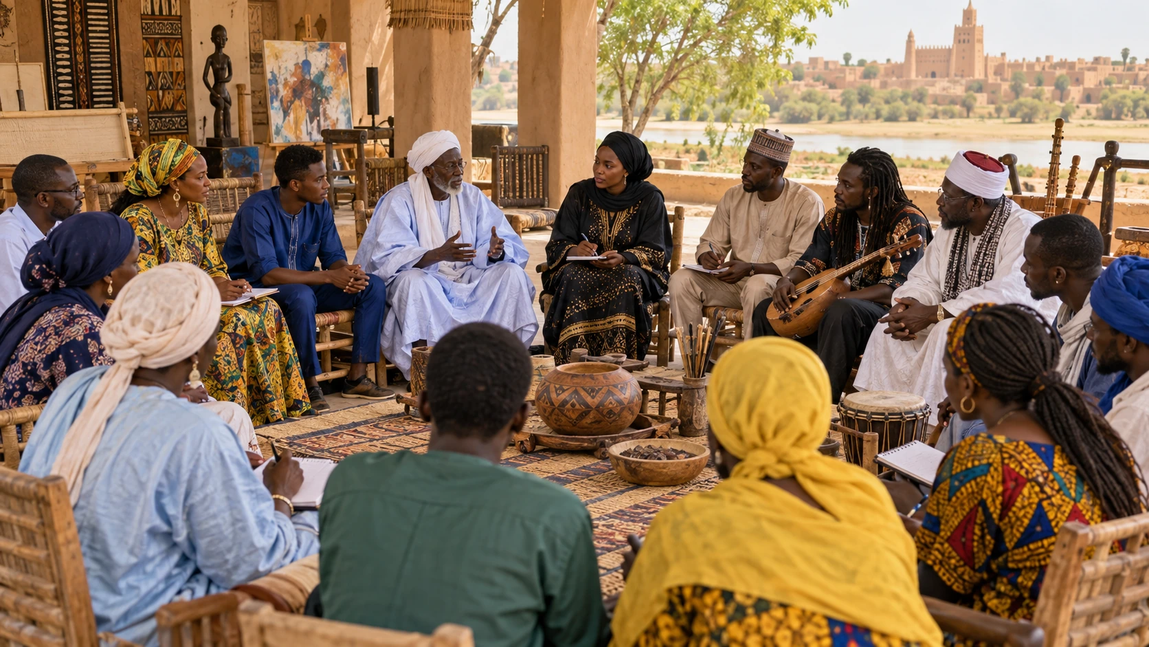 Illustration de synthèse : forum intergénérationnel de dialogue et de réconciliation dans un espace culturel au Mali.
