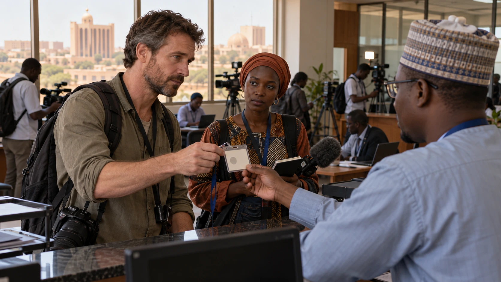 Illustration de synthèse : journalistes et agents administratifs examinant des dossiers d’accréditation dans un bureau au Niger.