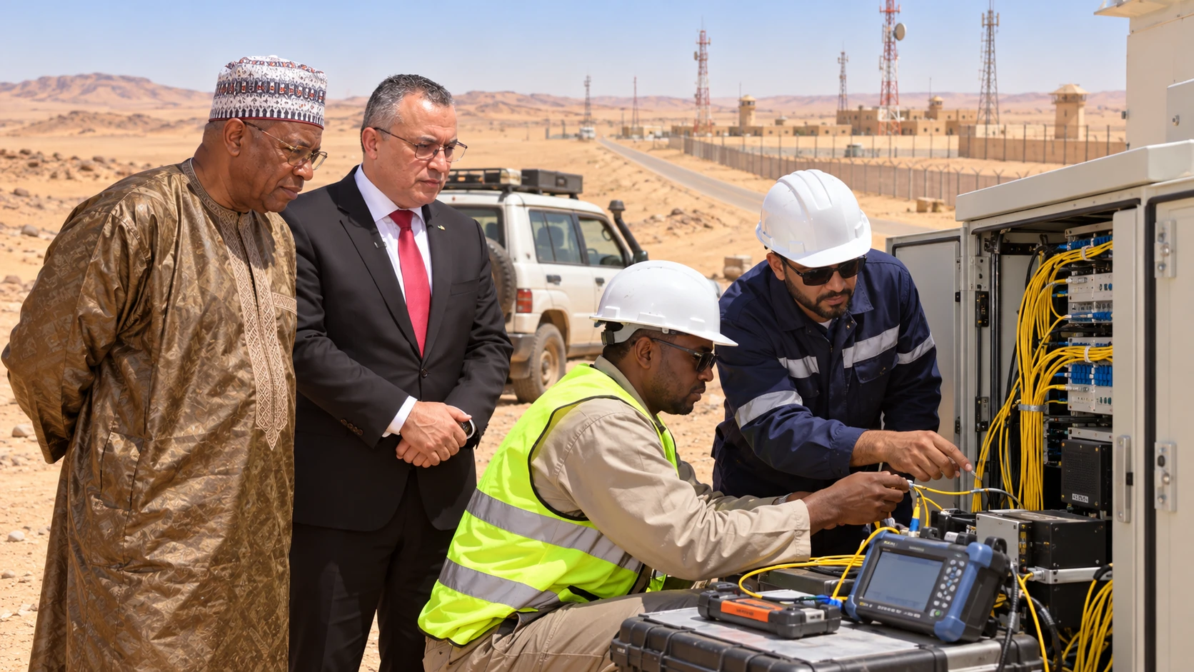 Illustration de synthèse : portraits conceptuels de Hamani Kargné et Sidi-Ali Zerrouki avec des techniciens et une liaison de fibre optique dans le Sahara.