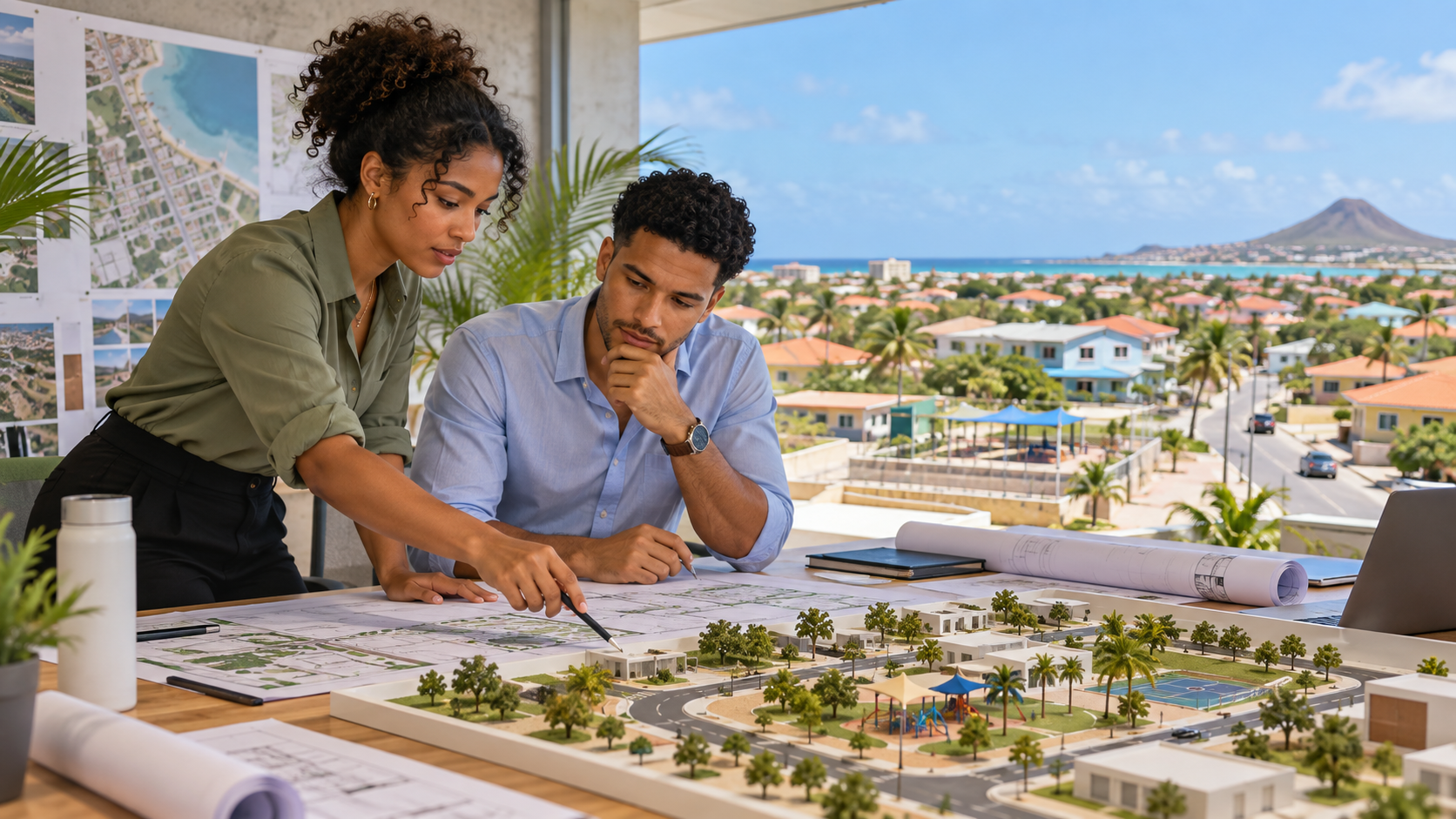 Scène fictive à Aruba : une ingénieure et son collègue étudient une maquette d’équipements publics et des plans, devant un quartier résidentiel.
