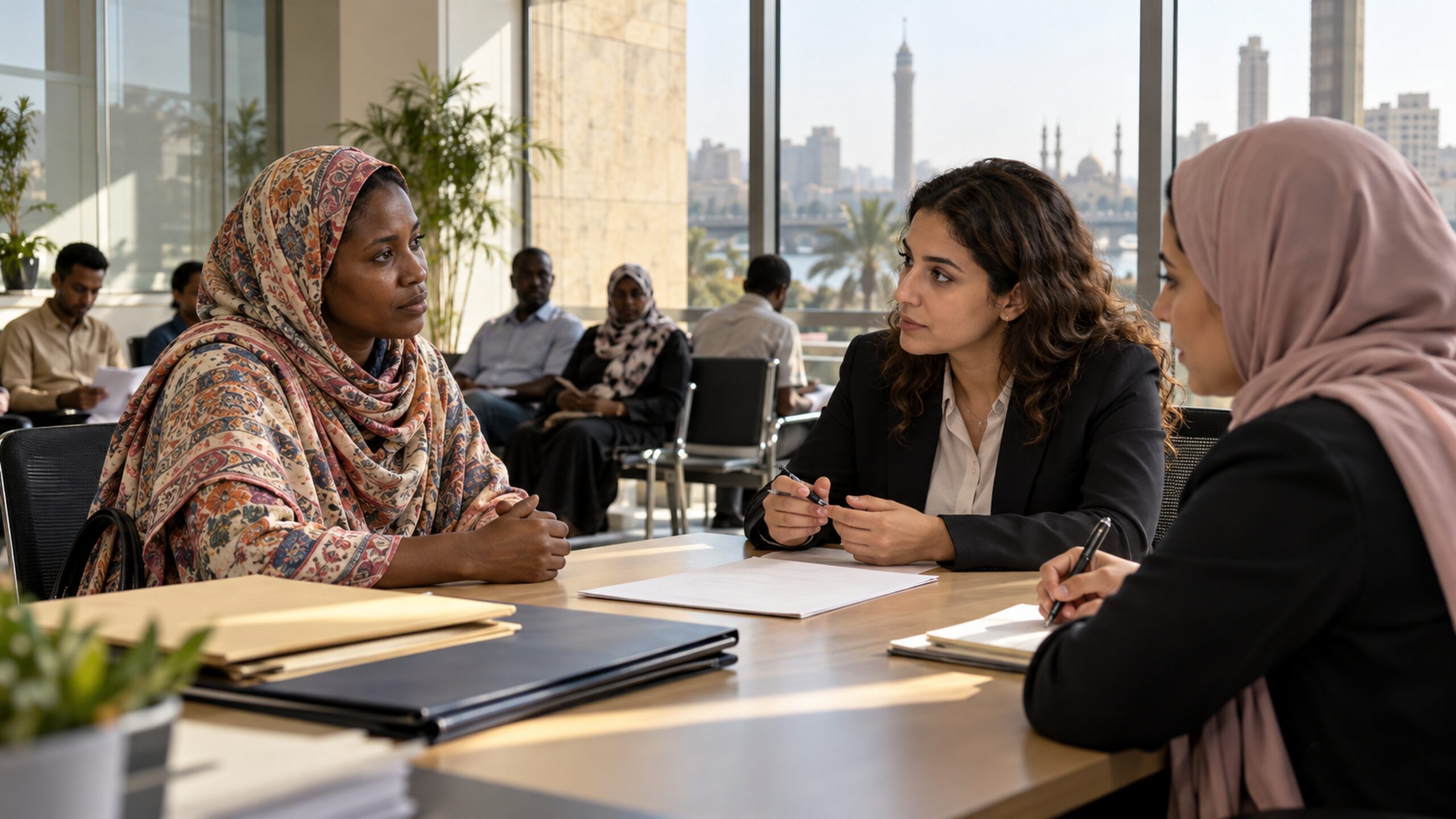 Une demandeuse d’asile soudanaise échange avec une agente et une interprète dans un bureau fictif du Caire.