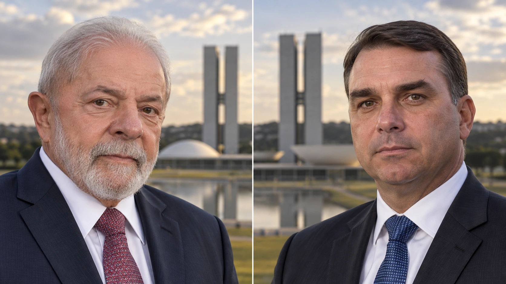 Portraits de Luiz Inácio Lula da Silva et de Flávio Bolsonaro, avec une évocation du Congrès national à Brasília.