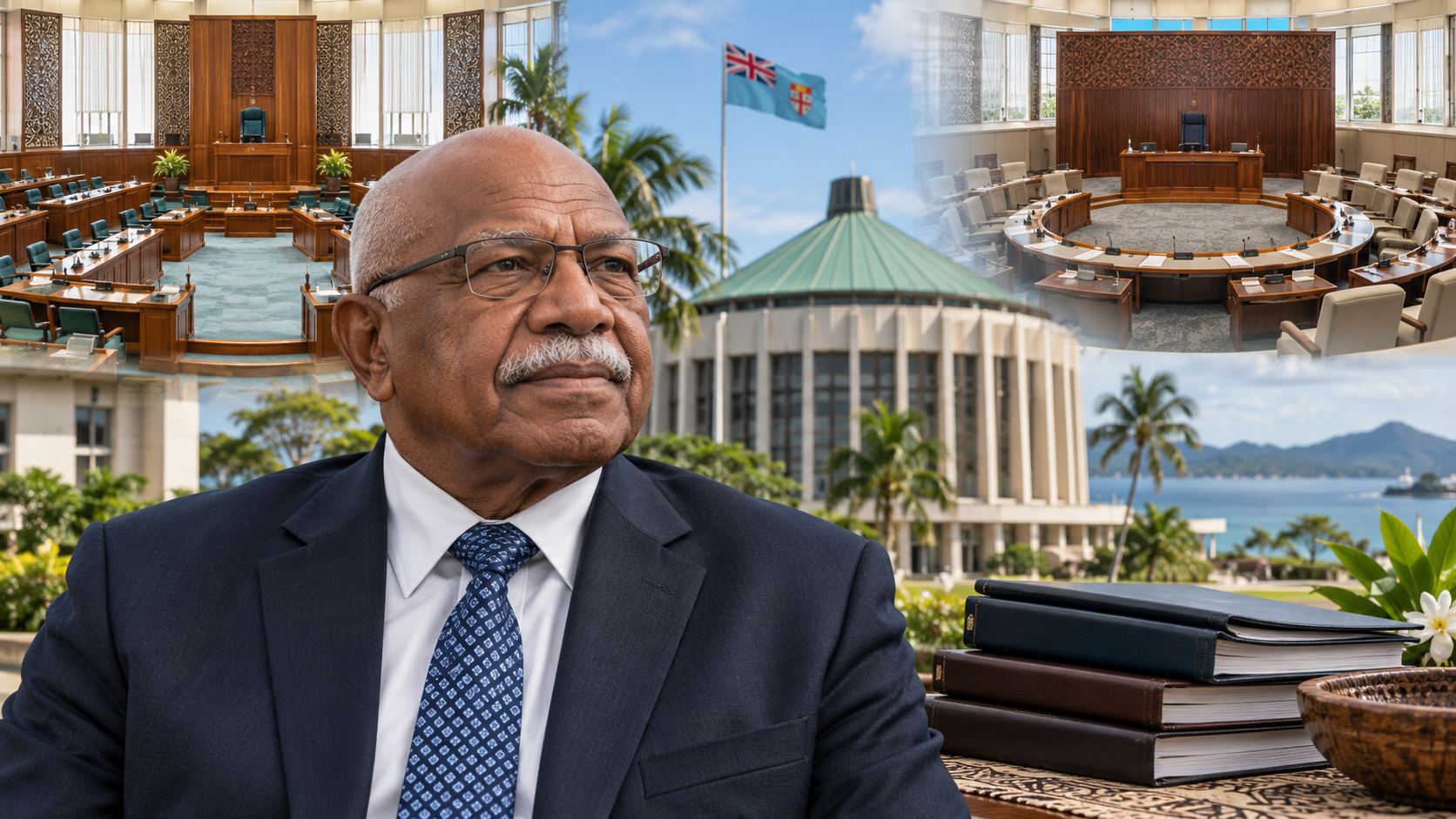 Portrait éditorial conceptuel de Sitiveni Rabuka avec une évocation des institutions fidjiennes.