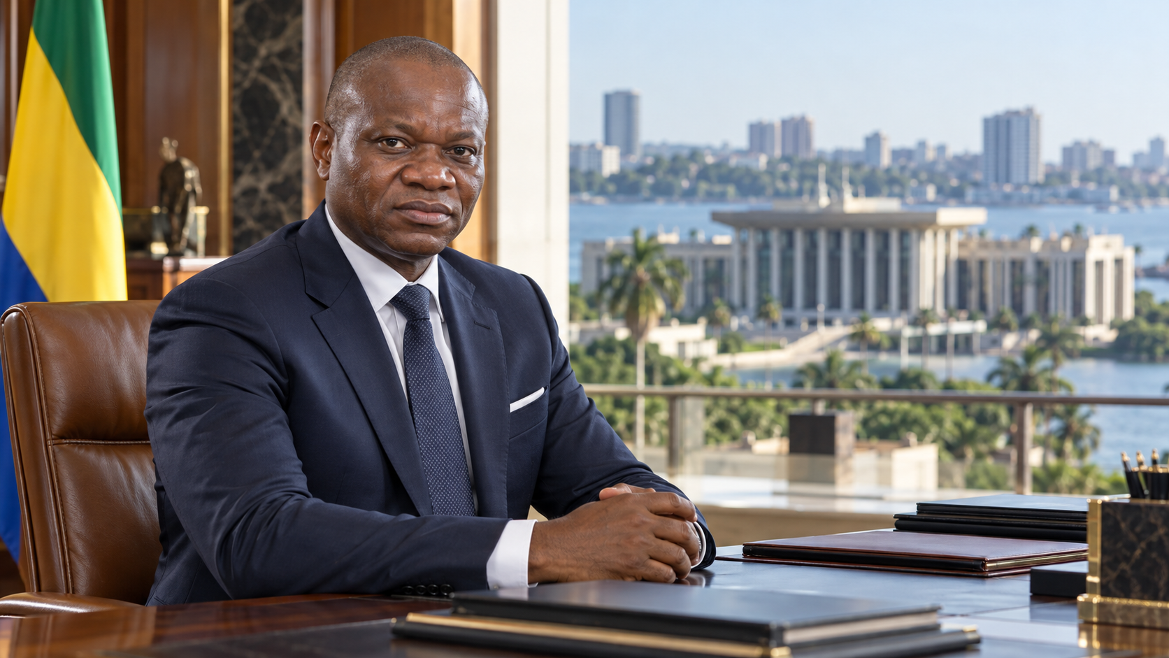 Illustration de synthèse : portrait de Brice Clotaire Oligui Nguema dans une composition évoquant les institutions gabonaises.