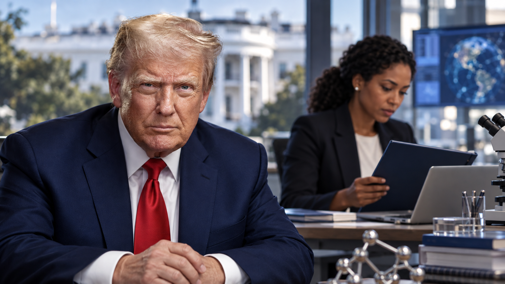 Montage éditorial conceptuel de Donald Trump, de la Maison-Blanche et d’une ingénieure noire fictive dans un espace de travail scientifique.