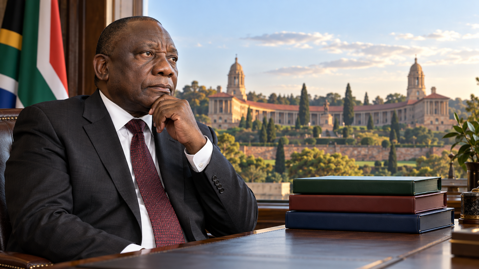 Portrait conceptuel de Cyril Ramaphosa devant les Union Buildings, avec des dossiers de politique publique.