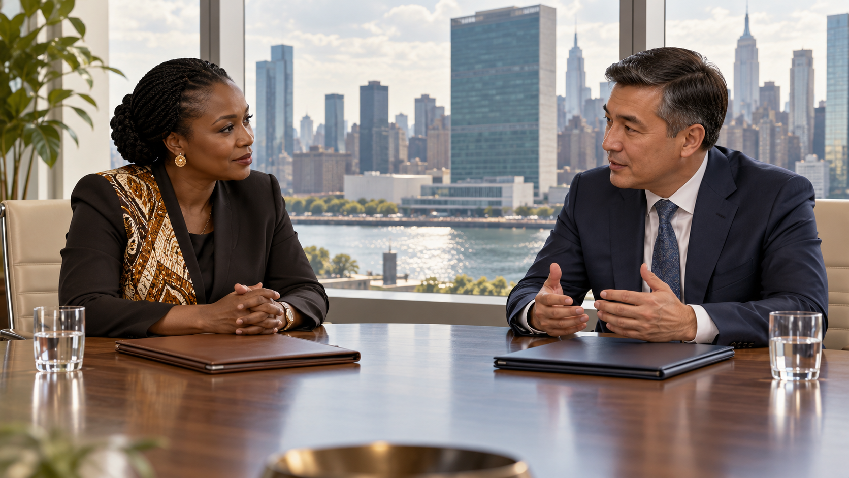 Diplomate centrafricaine et diplomate kazakhstanais dialoguant dans un espace fictif.