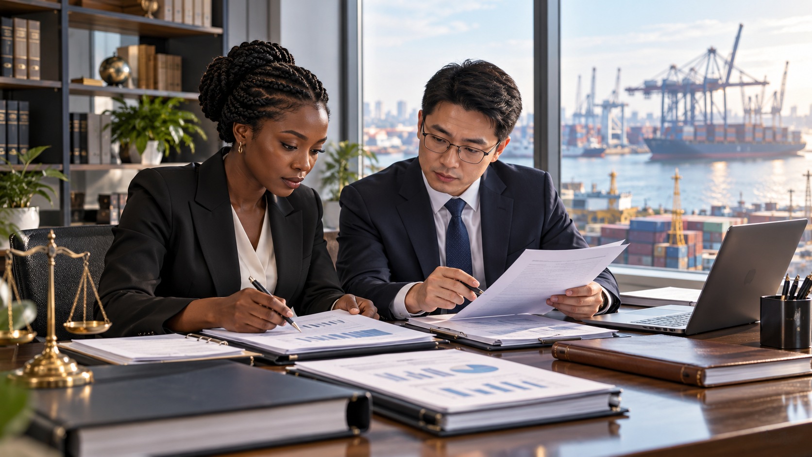 Juriste africaine et responsable chinois examinant des dossiers dans un cabinet fictif.