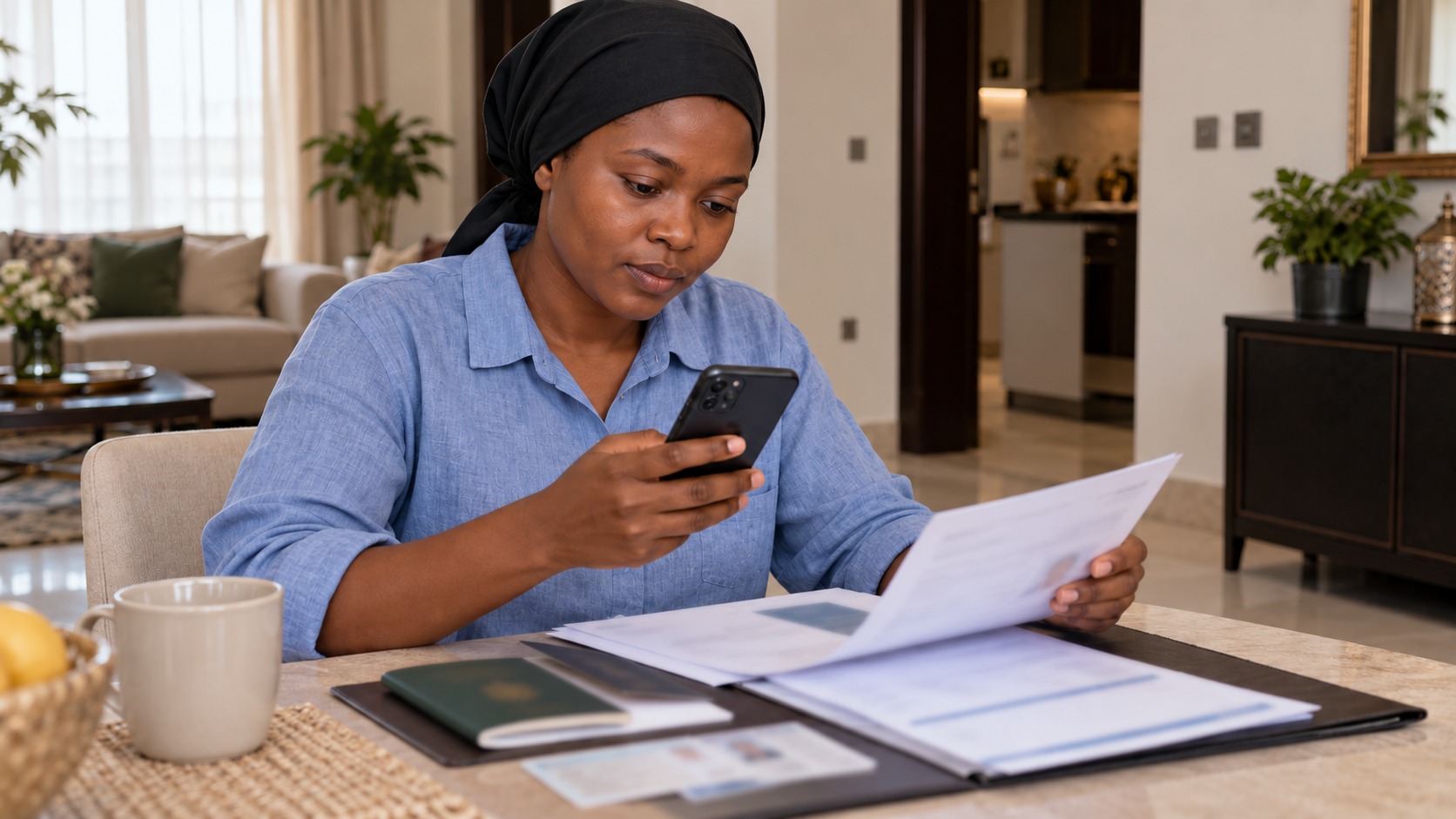 Travailleuse domestique africaine consultant ses paiements et ses documents dans une habitation saoudienne fictive.