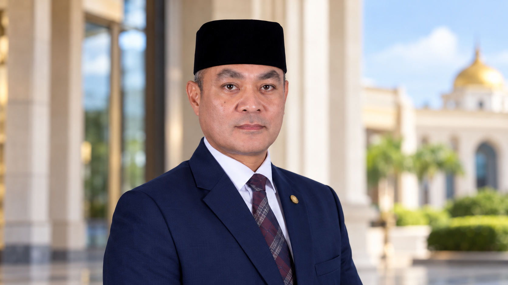 Portrait de synthèse d’Ahmaddin bin Haji Abdul Rahman en costume bleu et songkok noir, devant un cadre administratif fictif à Brunei.