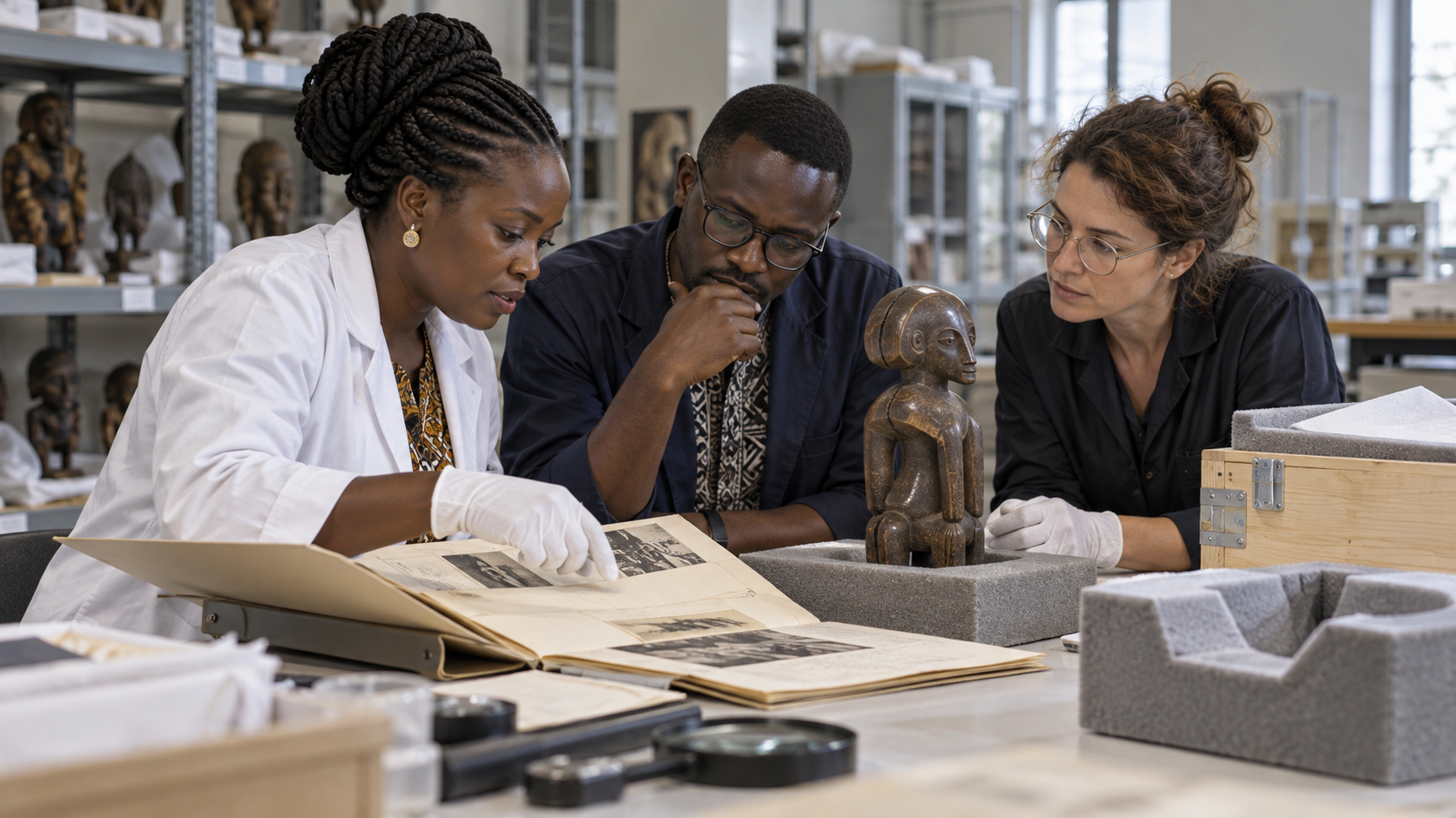 Dans une réserve muséale fictive, des spécialistes africains et une collègue française étudient des archives et un objet sculpté générique.