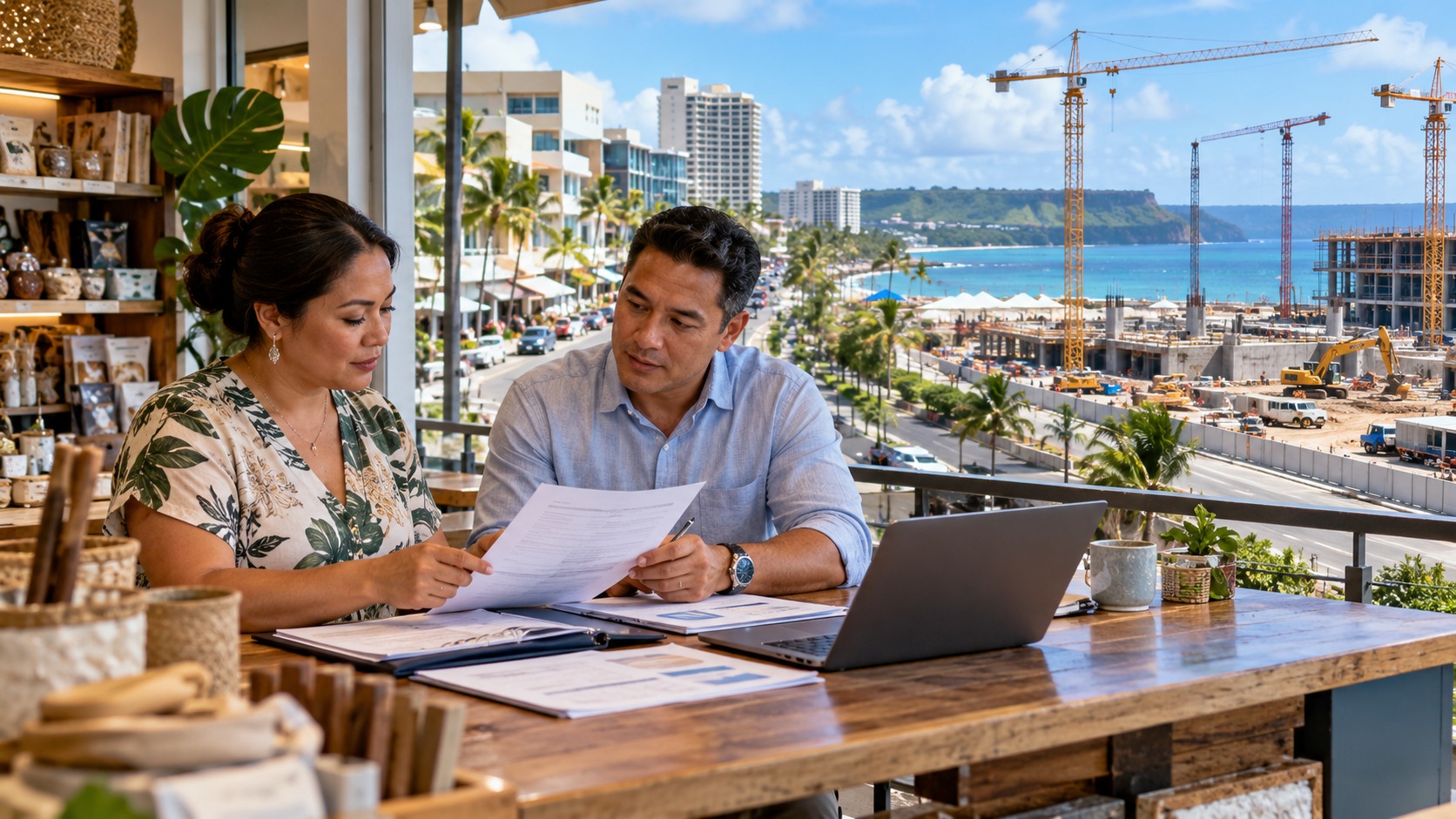 Composition conceptuelle : une commerçante et un conseiller examinent des comptes à Guam, avec un chantier à l’arrière-plan.