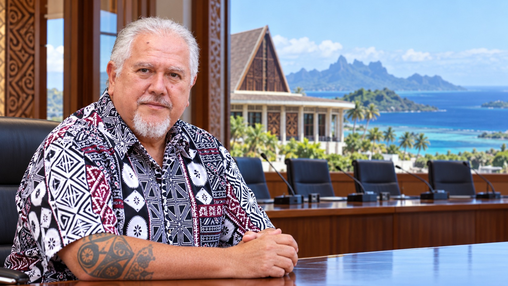 Portrait conceptuel de Moetai Brotherson dans un cadre institutionnel polynésien, avec l’océan en arrière-plan.