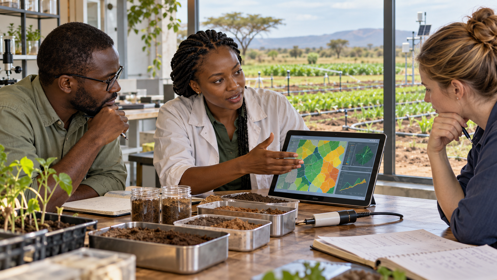 Illustration de synthèse : une agronome africaine explique des données de sol à deux collègues dans un centre de recherche fictif.