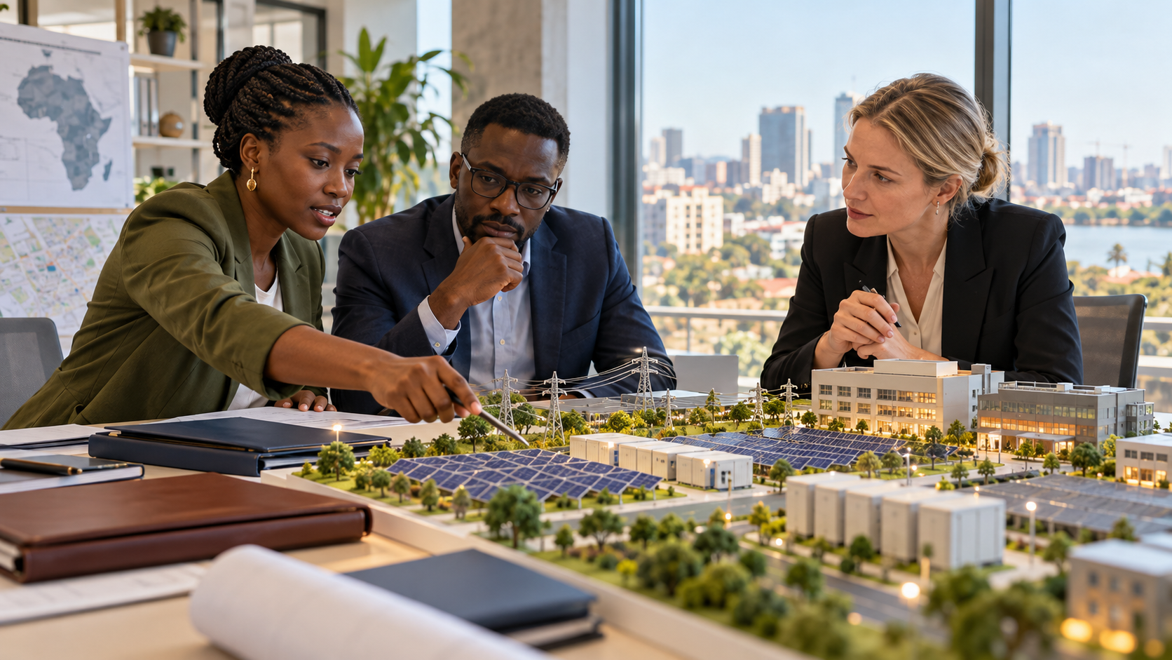 Illustration de synthèse : une ingénieure et un analyste africains examinent une maquette énergétique avec une partenaire danoise.